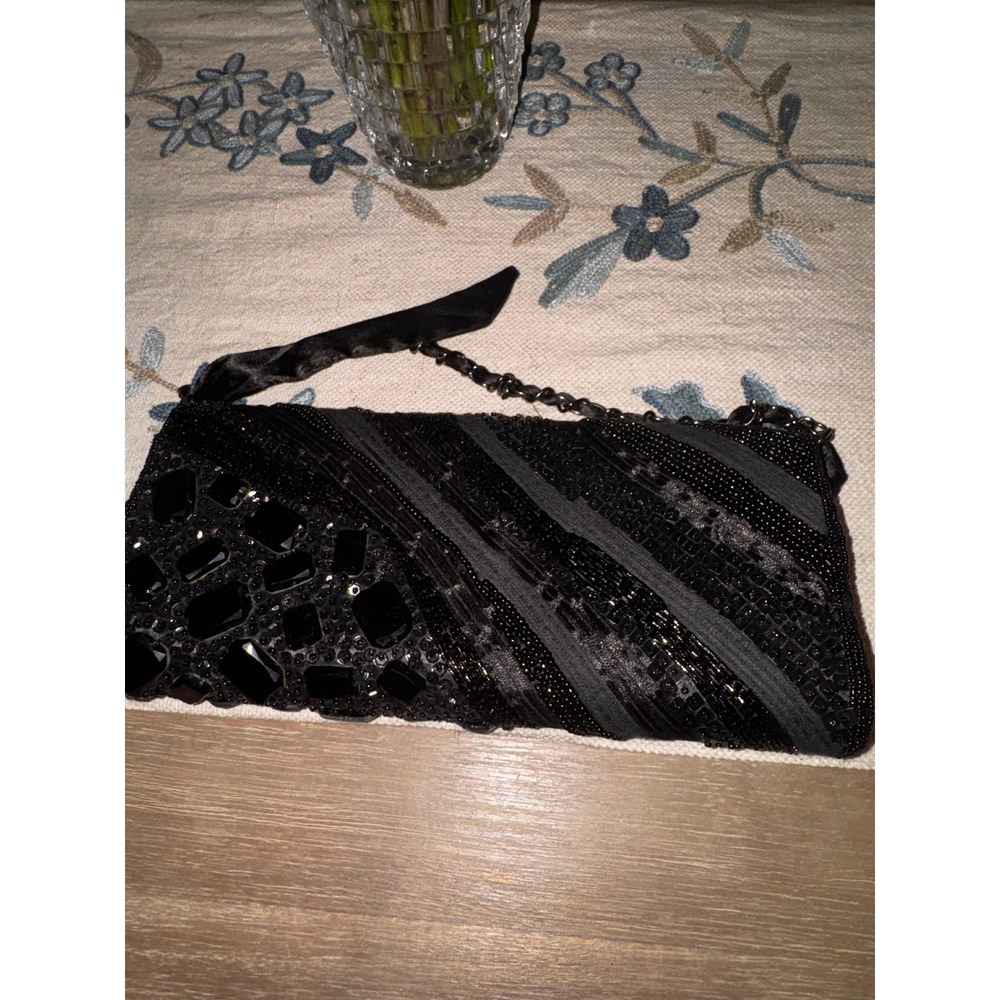 Chicos Black Beaded Gem Embellished Clutch Evening Bag Chain Strap - Picture 7 of 10